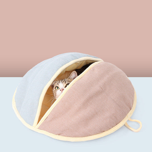 KFX-0016573 Cozy Round Cotton and Linen Pet Nest for Cats and Small Dogs - Warm Semi-Enclosed Design