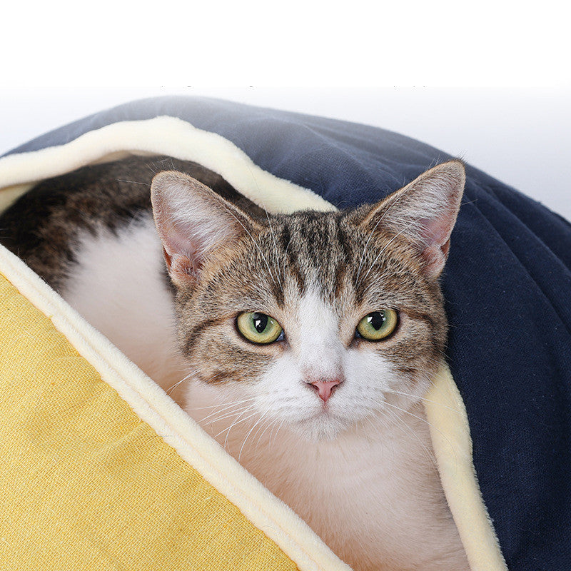 KFX-0016573 Cozy Round Cotton and Linen Pet Nest for Cats and Small Dogs - Warm Semi-Enclosed Design