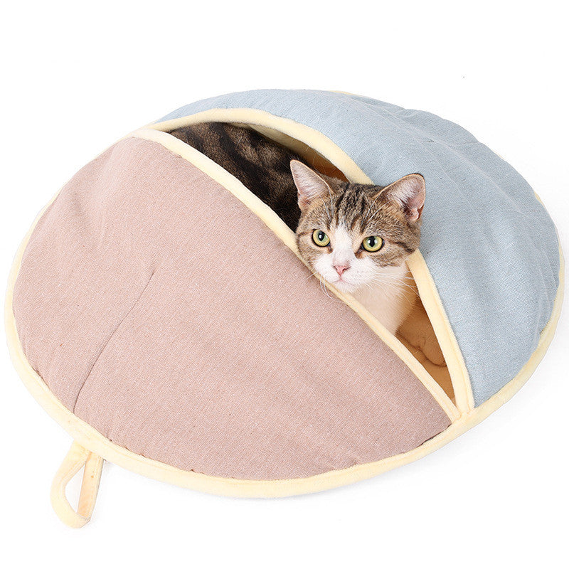 KFX-0016573 Cozy Round Cotton and Linen Pet Nest for Cats and Small Dogs - Warm Semi-Enclosed Design