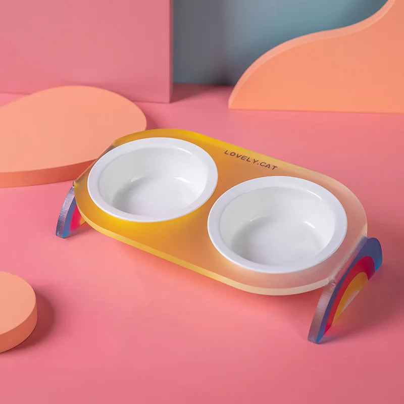KFX-0016701 Ceramic Double and Single Cat Bowls with High Legs in Rainbow Colors