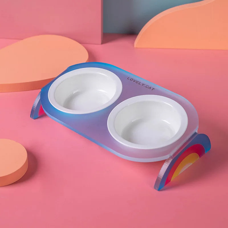 KFX-0016701 Ceramic Double and Single Cat Bowls with High Legs in Rainbow Colors