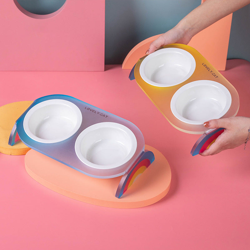 KFX-0016701 Ceramic Double and Single Cat Bowls with High Legs in Rainbow Colors