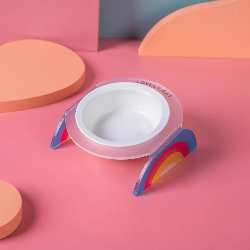 KFX-0016701 Ceramic Double and Single Cat Bowls with High Legs in Rainbow Colors