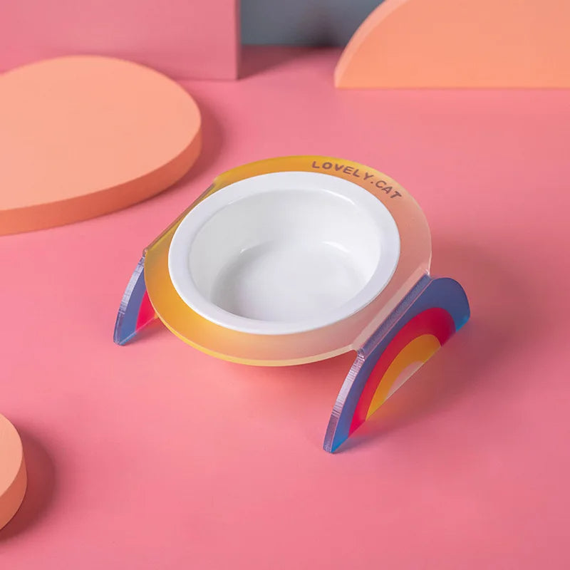 KFX-0016701 Ceramic Double and Single Cat Bowls with High Legs in Rainbow Colors