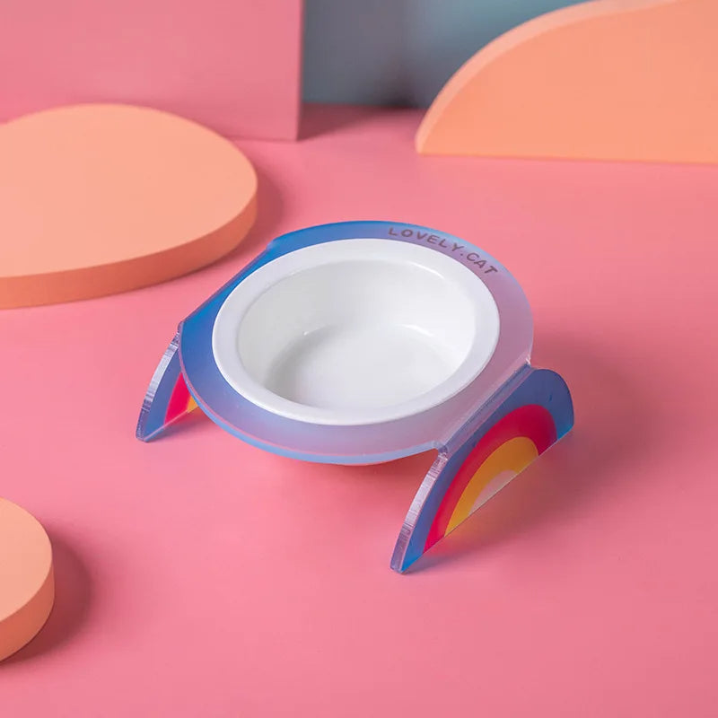 KFX-0016701 Ceramic Double and Single Cat Bowls with High Legs in Rainbow Colors