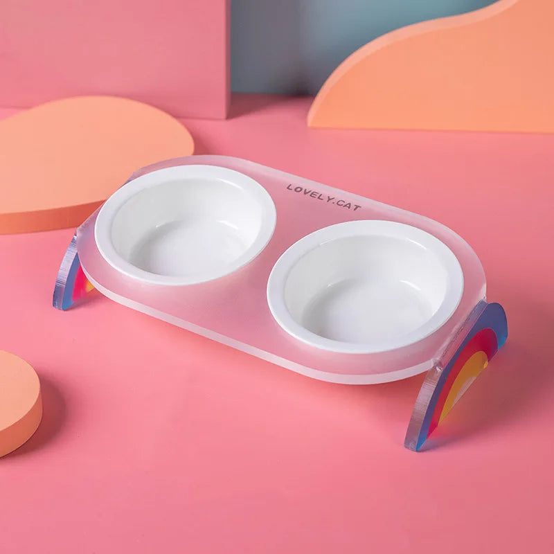 KFX-0016701 Ceramic Double and Single Cat Bowls with High Legs in Rainbow Colors