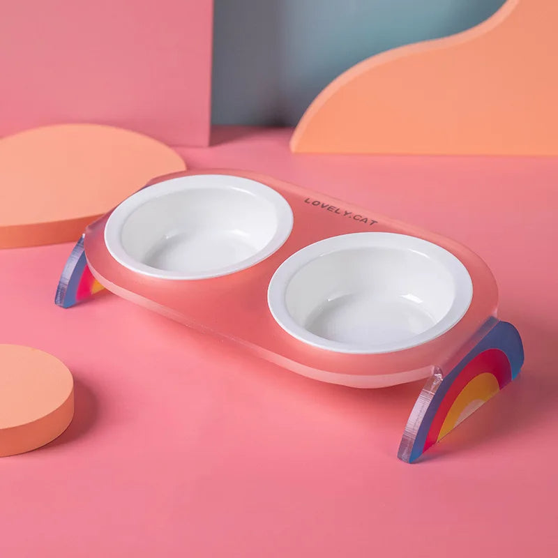 KFX-0016701 Ceramic Double and Single Cat Bowls with High Legs in Rainbow Colors