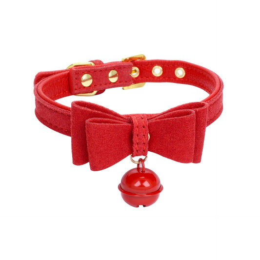 KFX-0018493 Gold Double Layer Bowknot Hanging Bell Pet Collar, Comfortable Suede and PU Material, Adjustable Neck Sizes