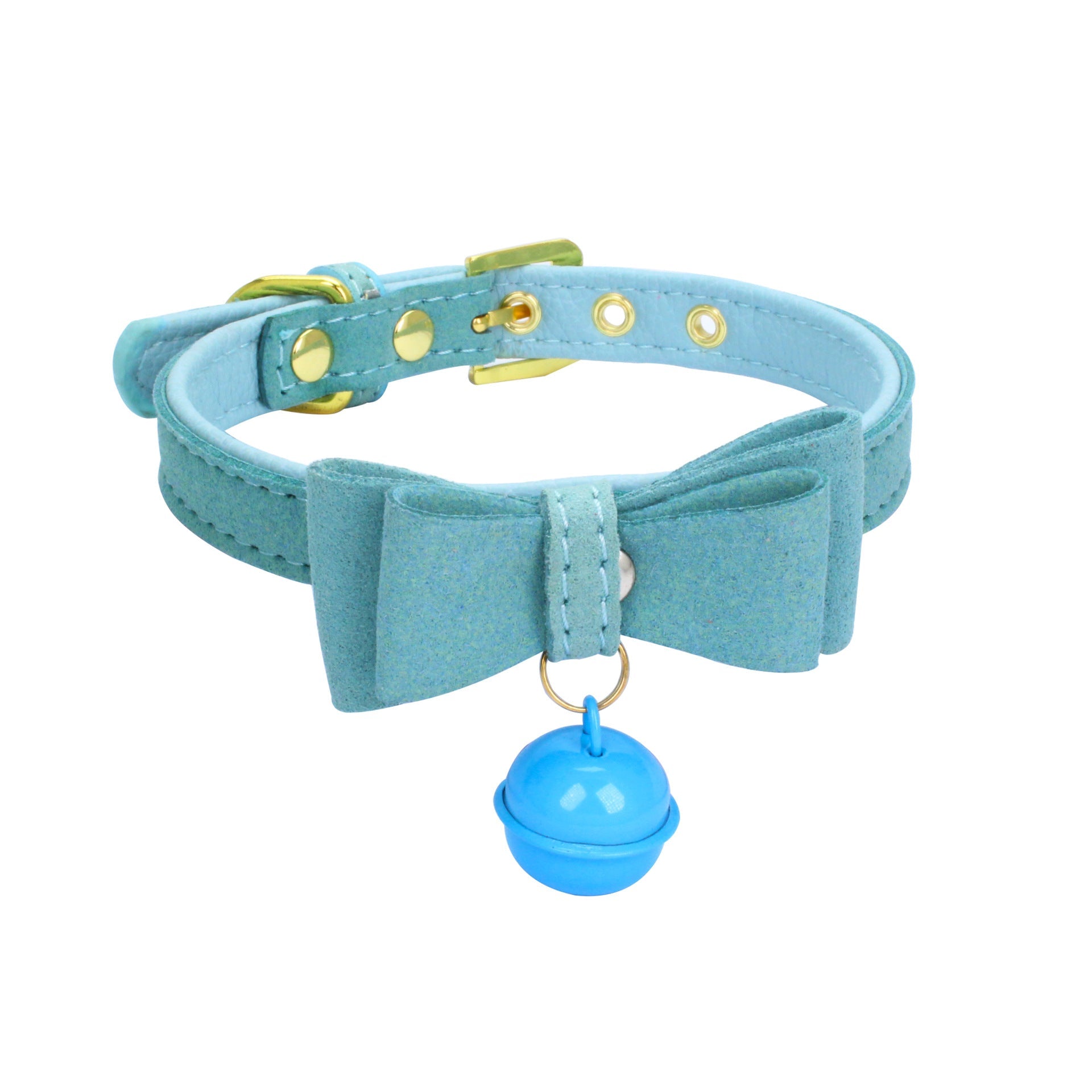 KFX-0018493 Gold Double Layer Bowknot Hanging Bell Pet Collar, Comfortable Suede and PU Material, Adjustable Neck Sizes