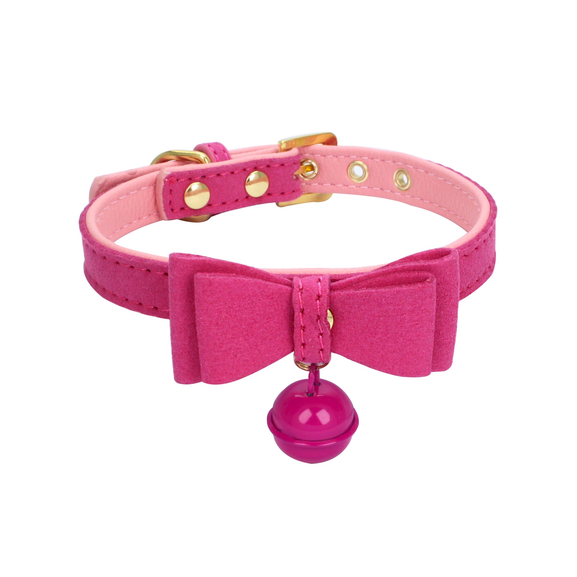 KFX-0018493 Gold Double Layer Bowknot Hanging Bell Pet Collar, Comfortable Suede and PU Material, Adjustable Neck Sizes