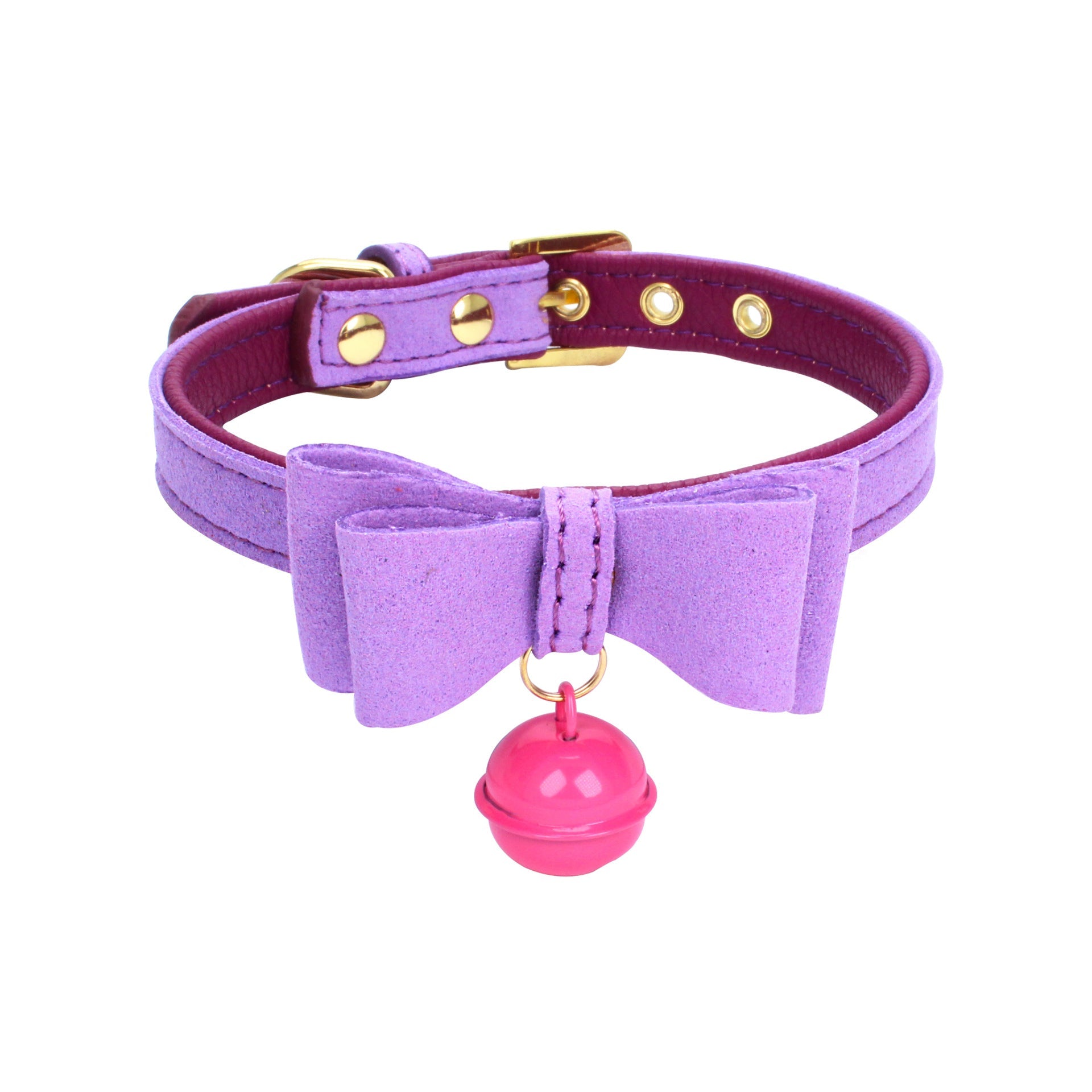 KFX-0018493 Gold Double Layer Bowknot Hanging Bell Pet Collar, Comfortable Suede and PU Material, Adjustable Neck Sizes