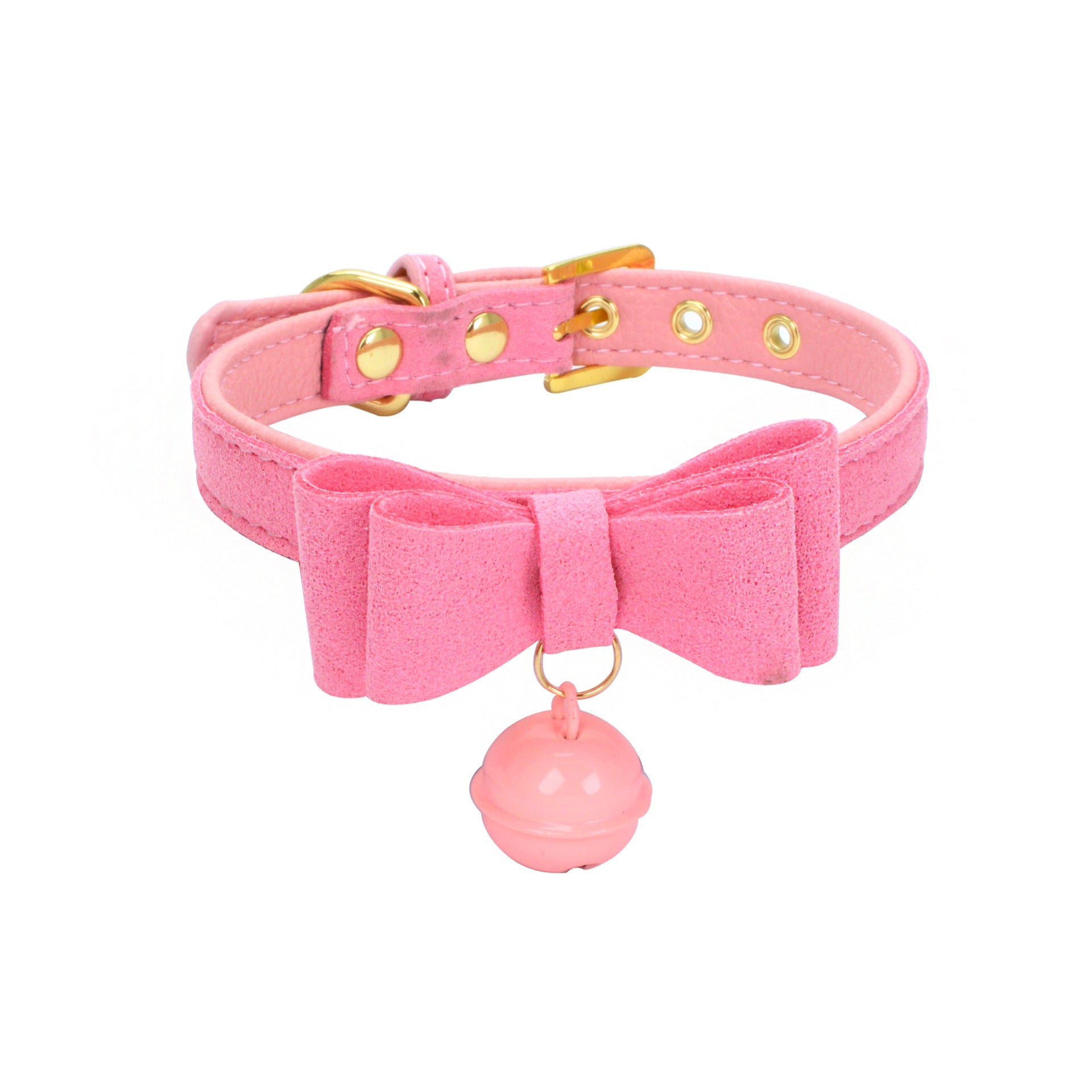 KFX-0018493 Gold Double Layer Bowknot Hanging Bell Pet Collar, Comfortable Suede and PU Material, Adjustable Neck Sizes