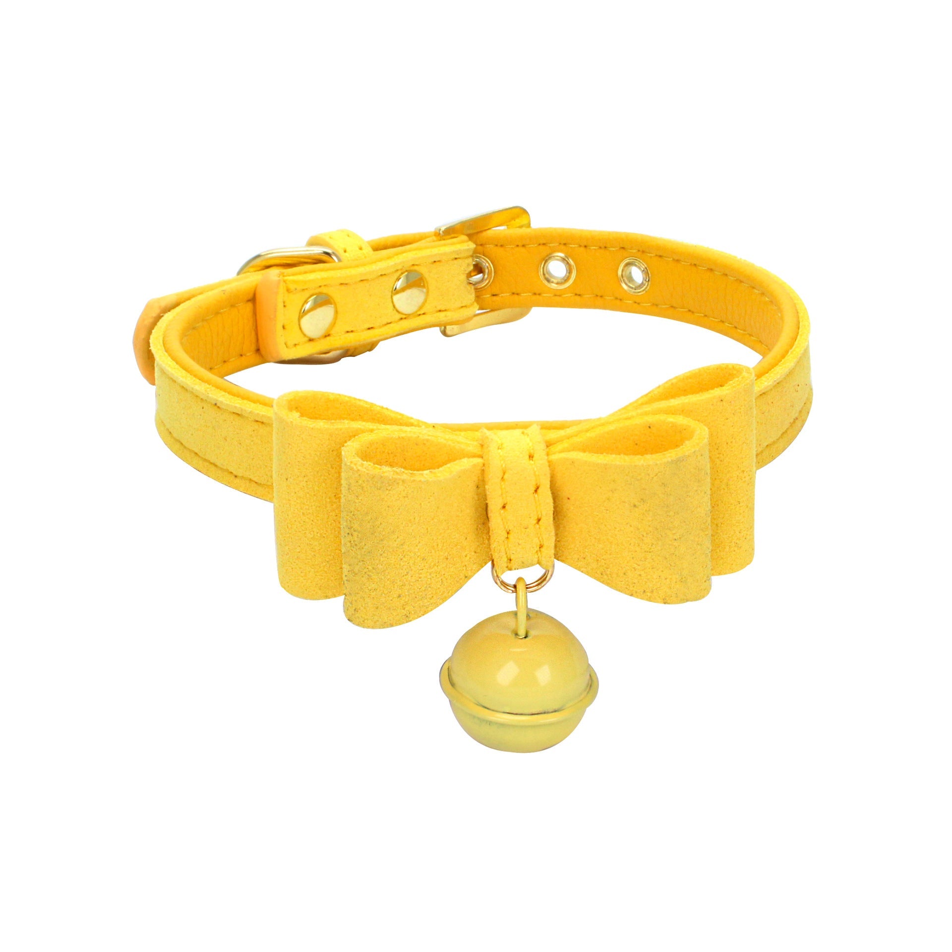 KFX-0018493 Gold Double Layer Bowknot Hanging Bell Pet Collar, Comfortable Suede and PU Material, Adjustable Neck Sizes