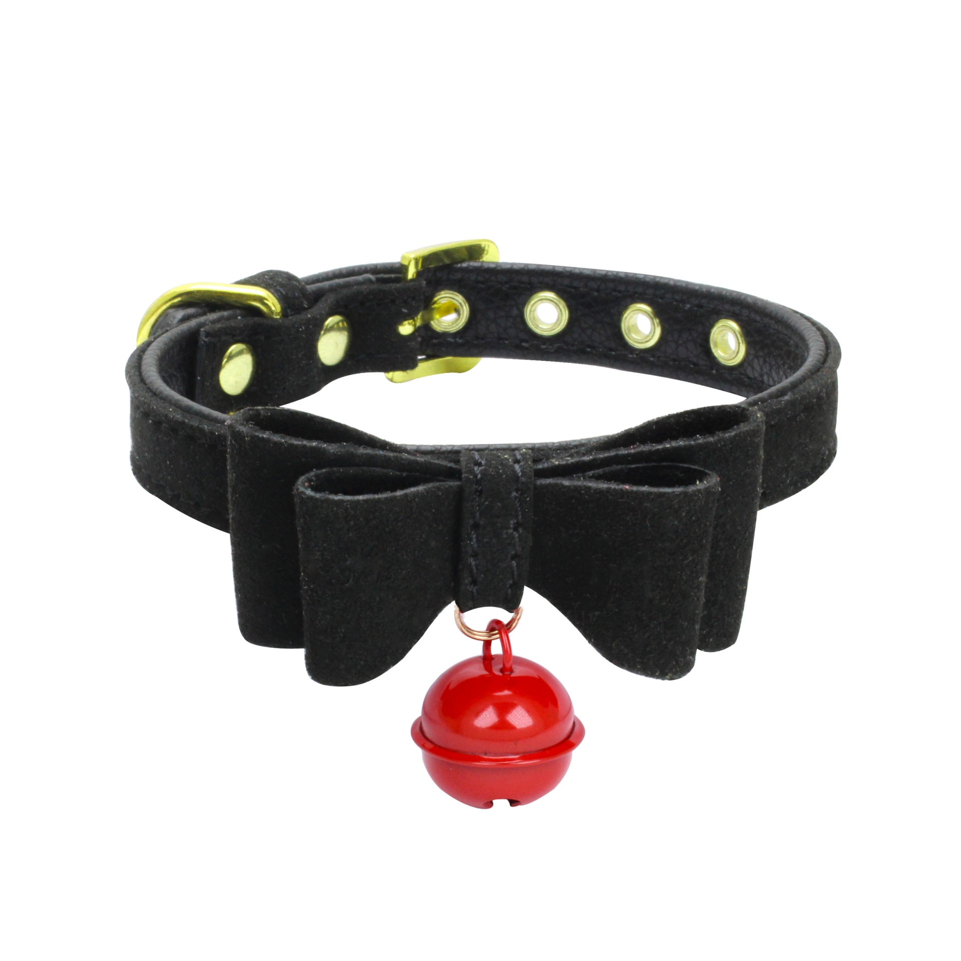KFX-0018493 Gold Double Layer Bowknot Hanging Bell Pet Collar, Comfortable Suede and PU Material, Adjustable Neck Sizes