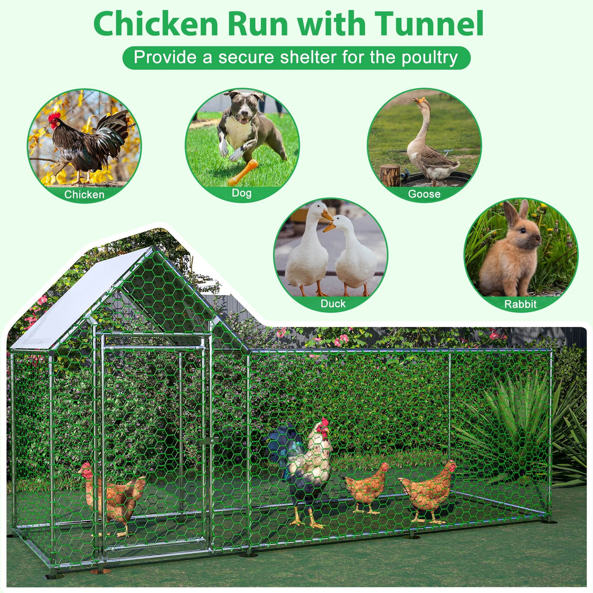 KFX-0025917 Walk-In Chicken Coop with Removable Cover - Durable Steel Frame and Lockable Door for Poultry, Rabbits, and Ducks