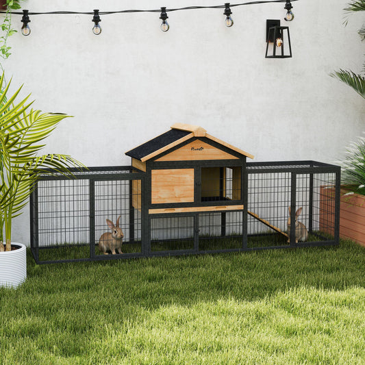 KFX-0031677 Large Outdoor Rabbit Hutch with Steel Run, Removable Tray, Asphalt Roof and Ramp, 85" Spacious Cage for 2-3 Rabbits