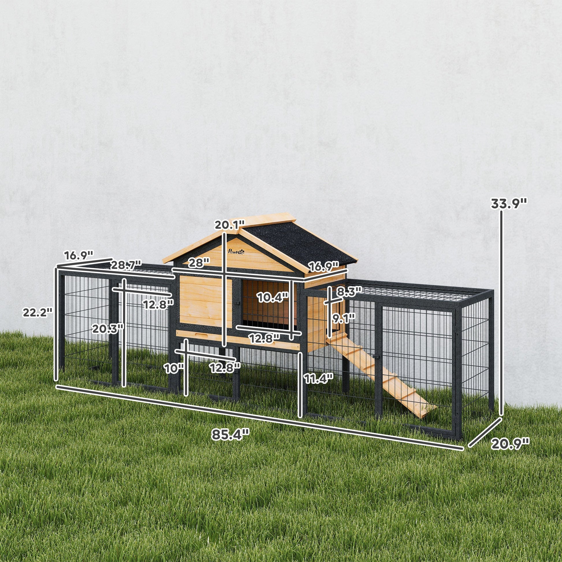 KFX-0031677 Large Outdoor Rabbit Hutch with Steel Run, Removable Tray, Asphalt Roof and Ramp, 85" Spacious Cage for 2-3 Rabbits