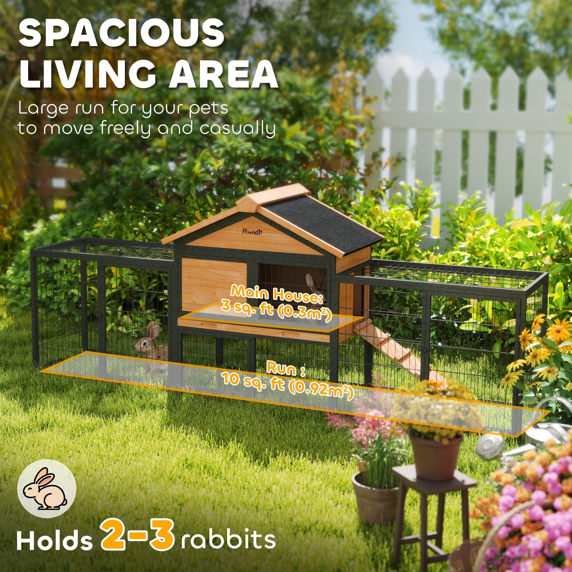 KFX-0031677 Large Outdoor Rabbit Hutch with Steel Run, Removable Tray, Asphalt Roof and Ramp, 85" Spacious Cage for 2-3 Rabbits