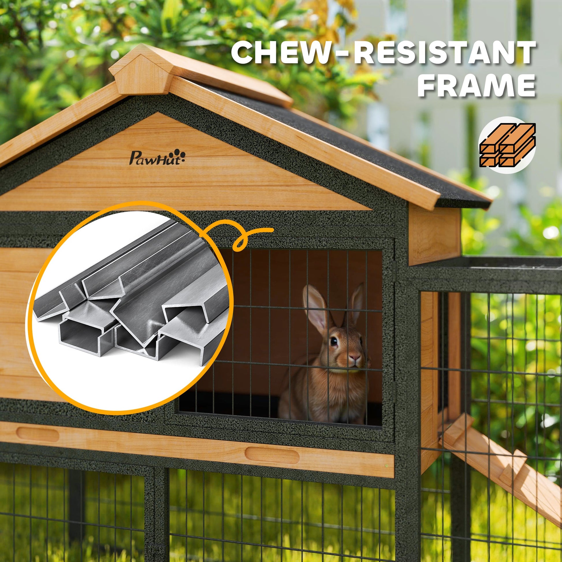 KFX-0031677 Large Outdoor Rabbit Hutch with Steel Run, Removable Tray, Asphalt Roof and Ramp, 85" Spacious Cage for 2-3 Rabbits