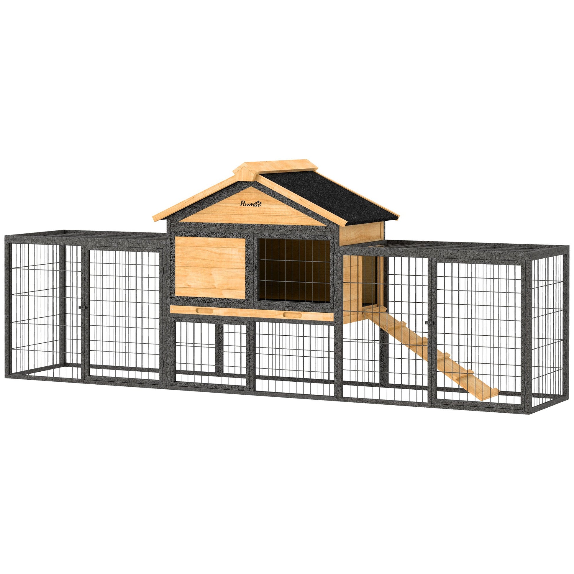 KFX-0031677 Large Outdoor Rabbit Hutch with Steel Run, Removable Tray, Asphalt Roof and Ramp, 85" Spacious Cage for 2-3 Rabbits
