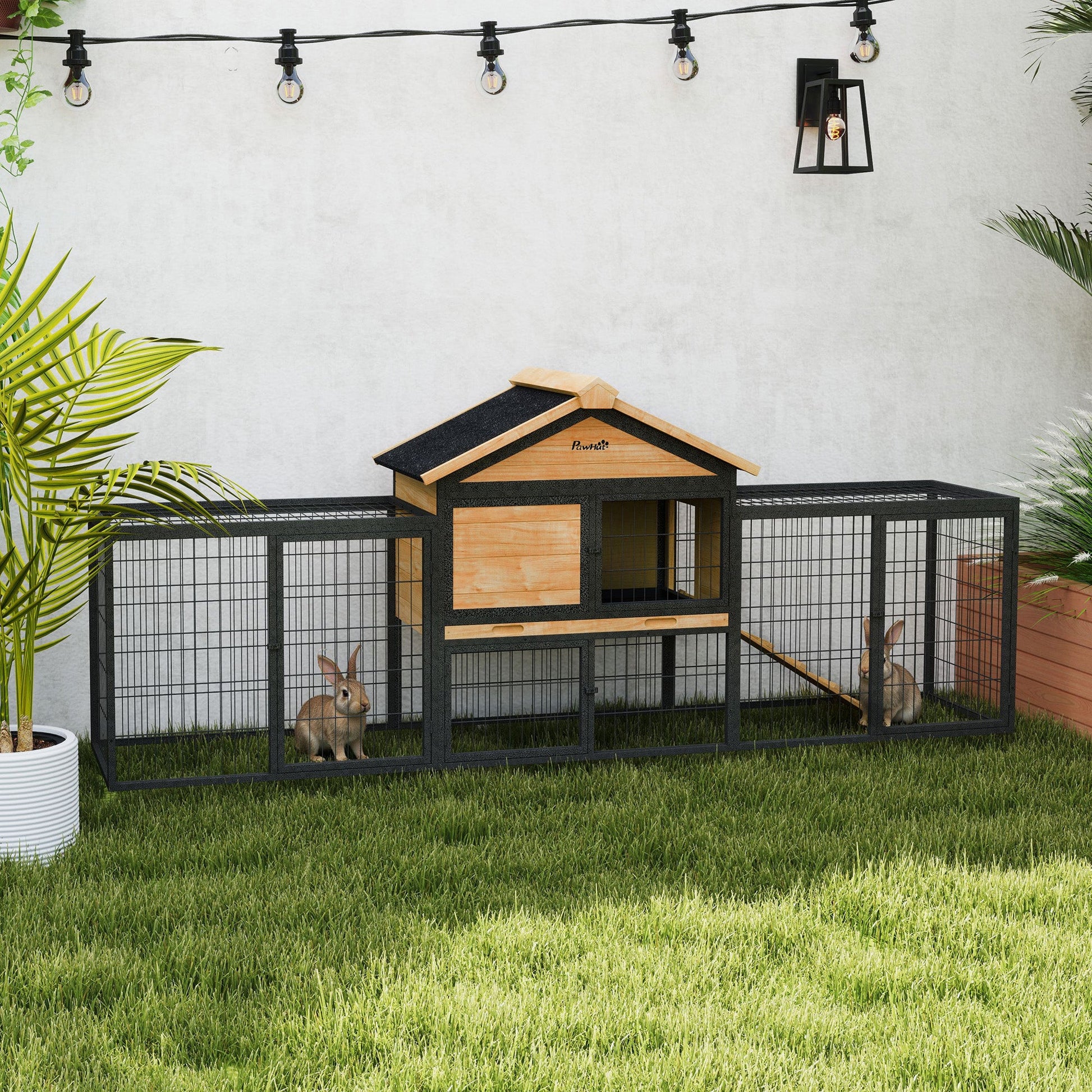 KFX-0031677 Large Outdoor Rabbit Hutch with Steel Run, Removable Tray, Asphalt Roof and Ramp, 85" Spacious Cage for 2-3 Rabbits