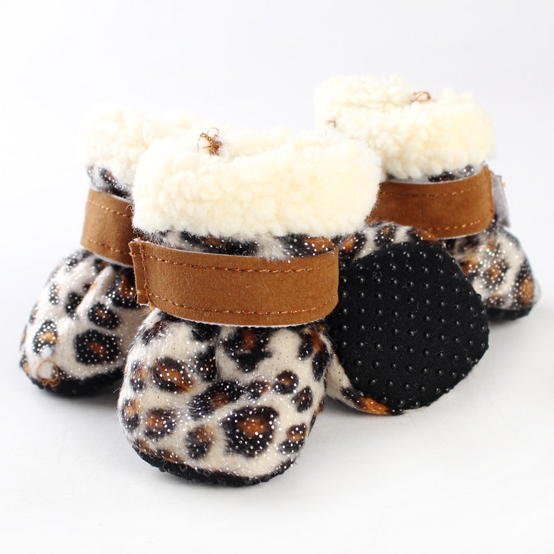 KFX-0034621 Waterproof Warm Dog Shoes in Blue, Leopard Print, Pink, and Red - Set of 4