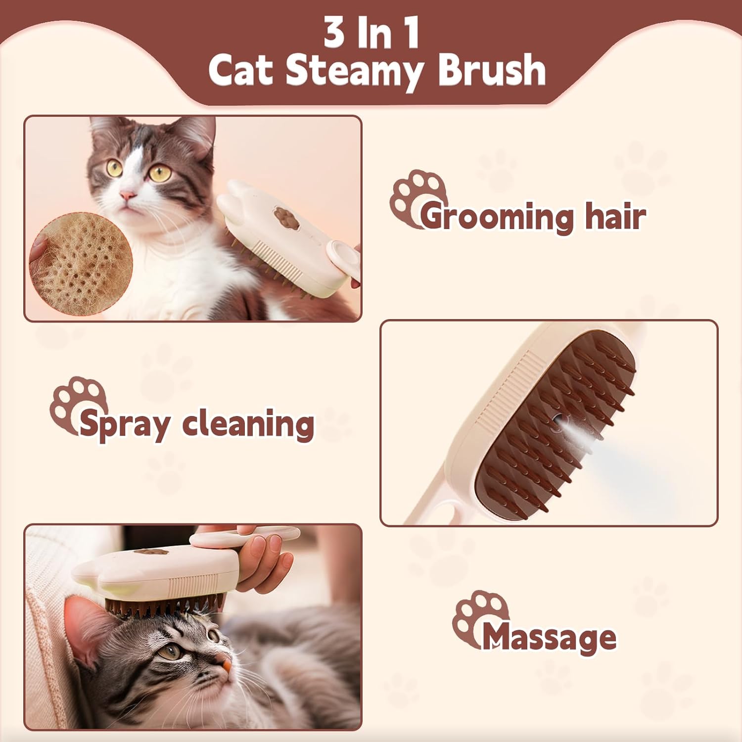 KFX-0035261 3-In-1 Pet Steam Brush for Shedding, Massage, Grooming - Suitable for Dogs & Cats, Short & Long Hair