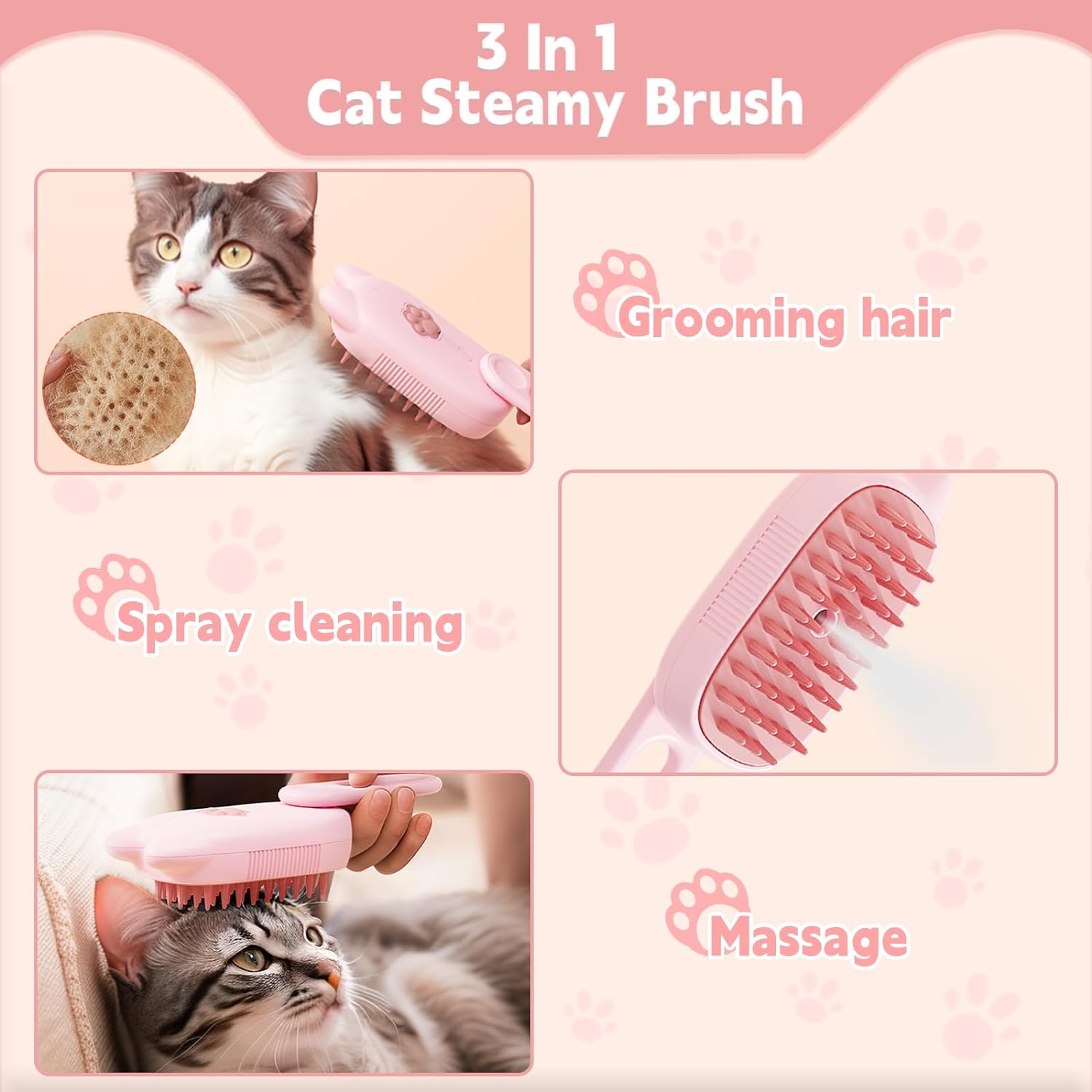 KFX-0035261 3-In-1 Pet Steam Brush for Shedding, Massage, Grooming - Suitable for Dogs & Cats, Short & Long Hair