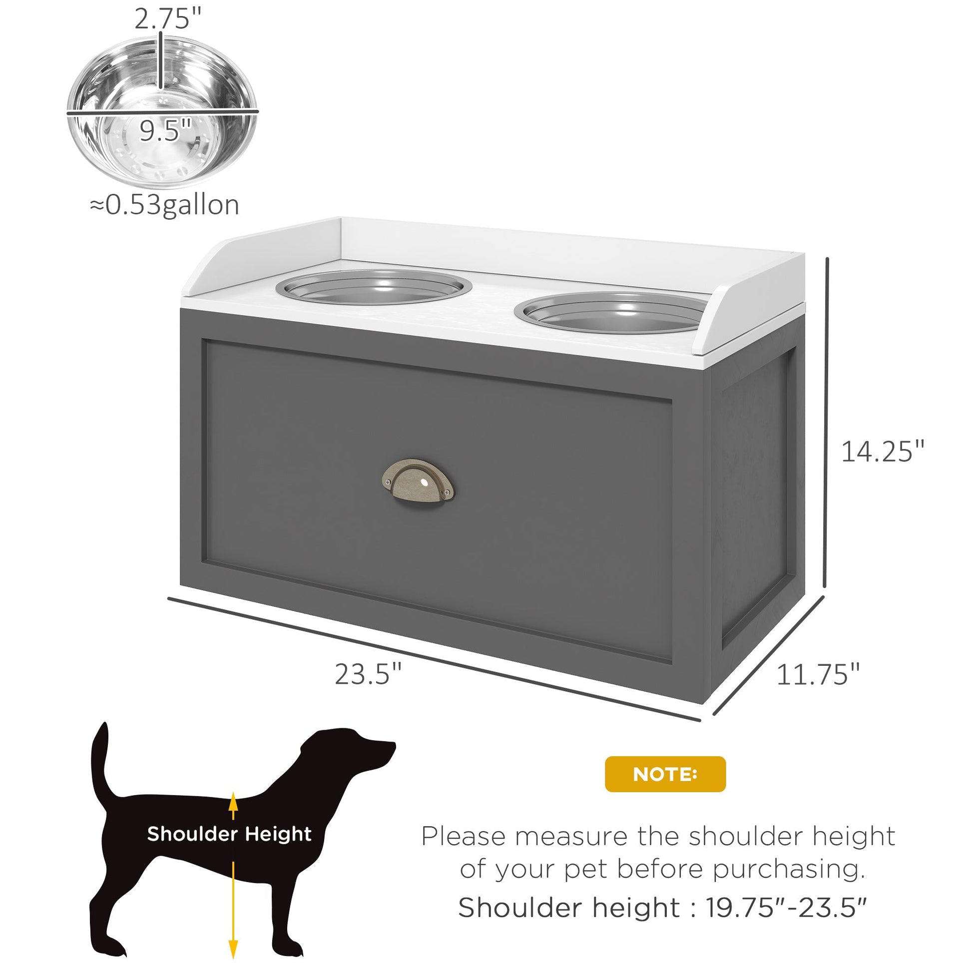 KFX-0049469 Elevated Pet Feeding Station with Storage, 2 Stainless Steel Bowls for Large Dogs, Gray