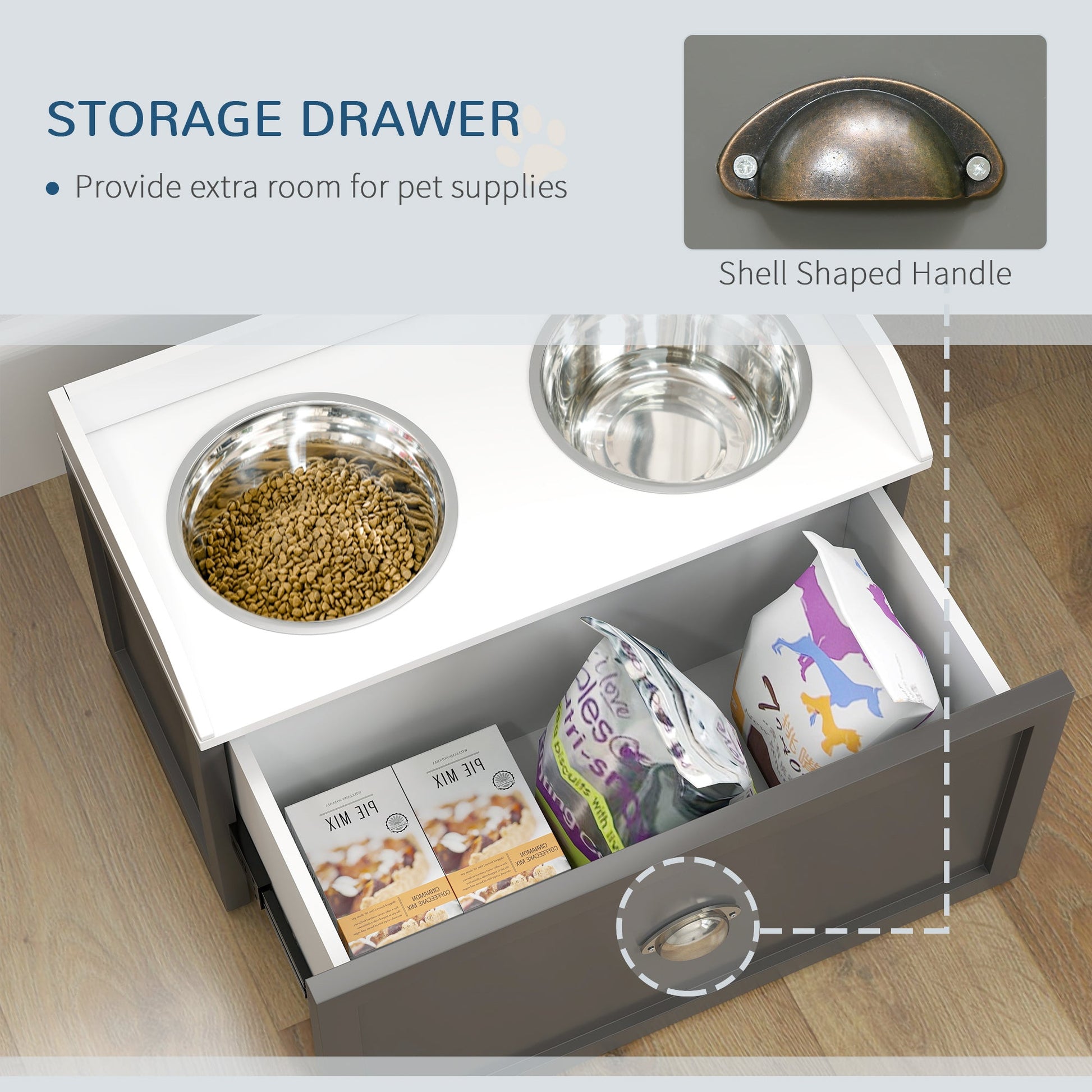 KFX-0049469 Elevated Pet Feeding Station with Storage, 2 Stainless Steel Bowls for Large Dogs, Gray