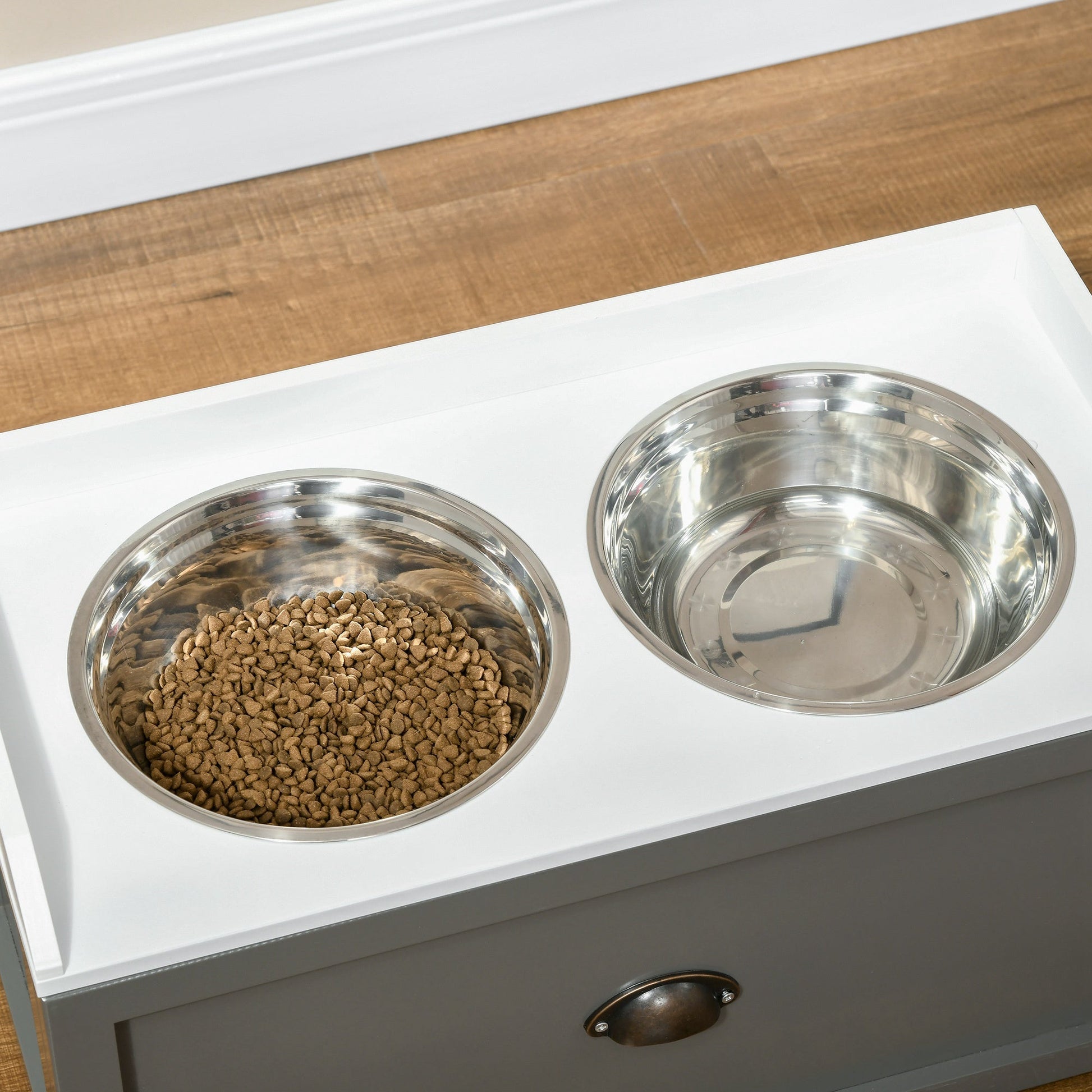 KFX-0049469 Elevated Pet Feeding Station with Storage, 2 Stainless Steel Bowls for Large Dogs, Gray