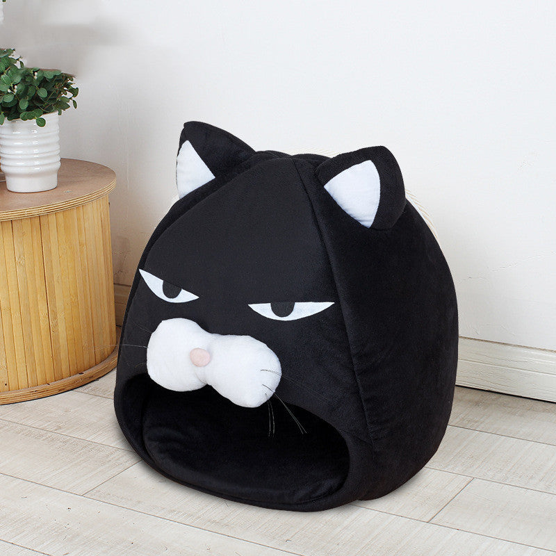 KFX-0055101 Black Cat Cartoon Thermal Nest for Dogs - Soft Cloth Pet Kennel in Medium and Small Sizes
