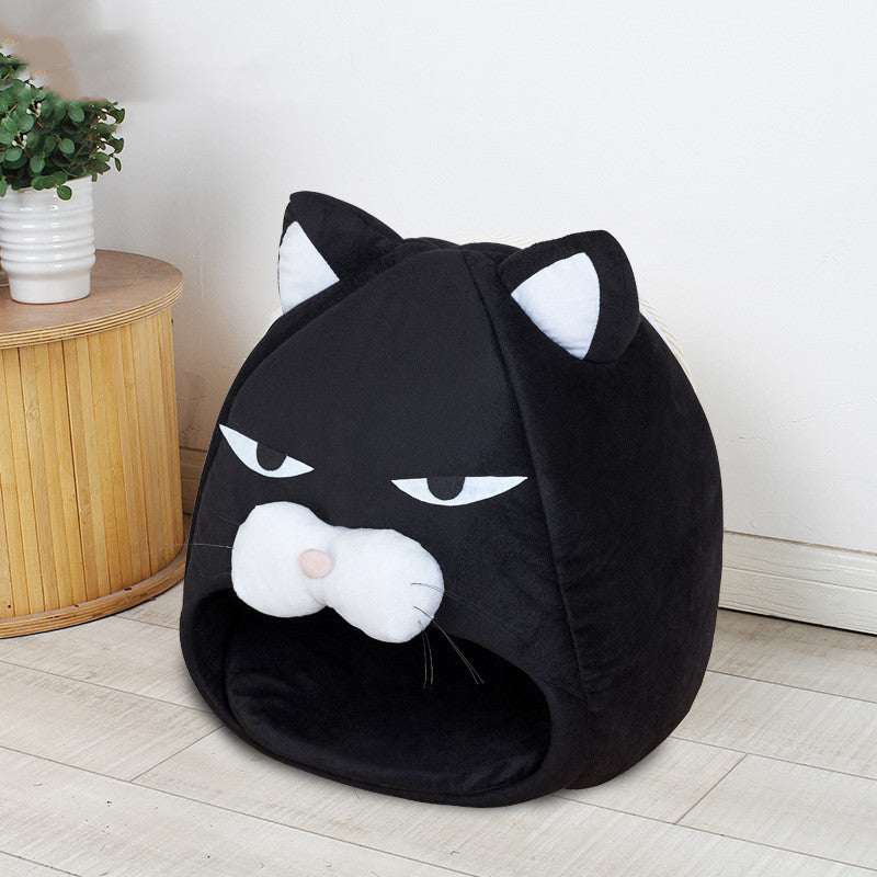 KFX-0055101 Black Cat Cartoon Thermal Nest for Dogs - Soft Cloth Pet Kennel in Medium and Small Sizes