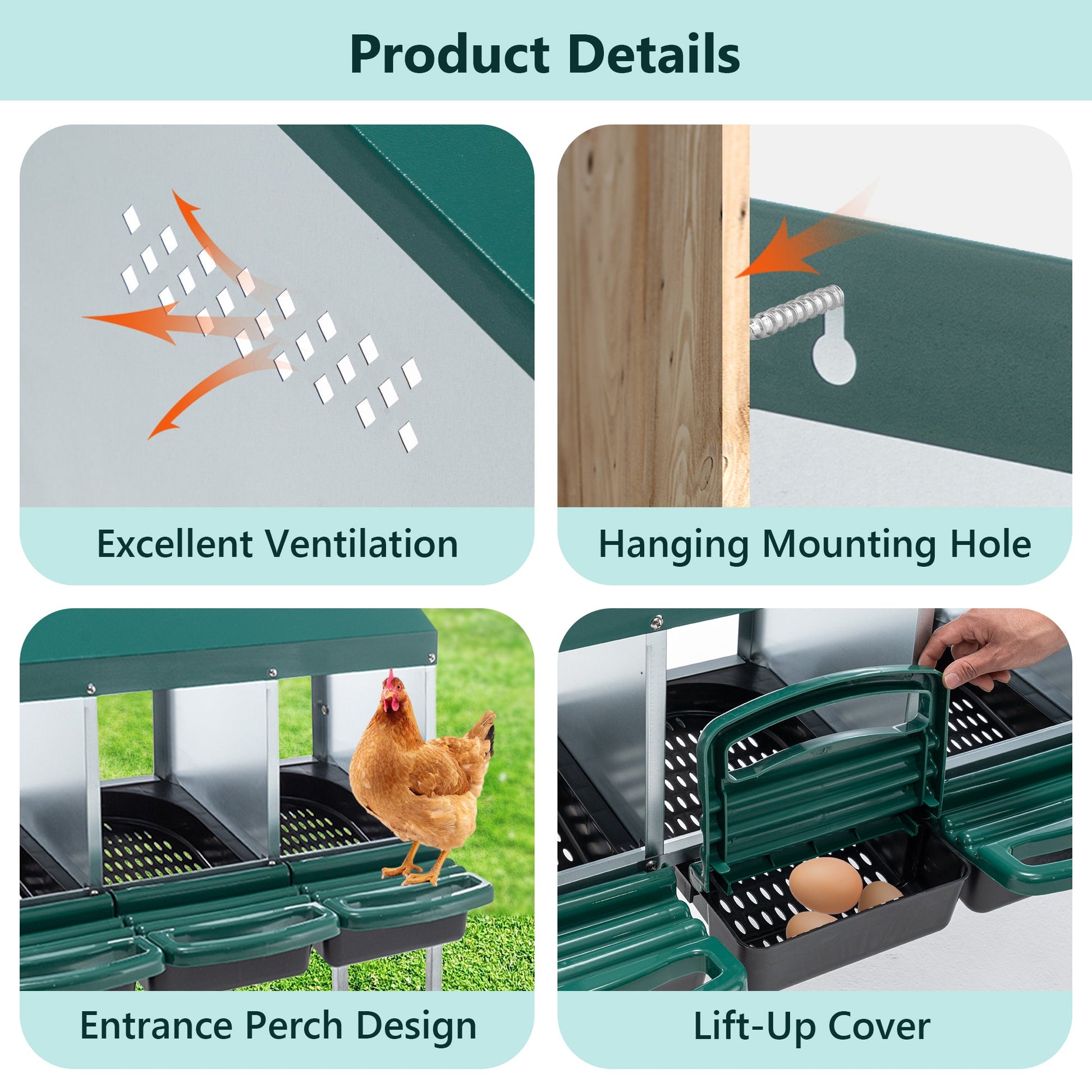 KFX-0058685 4-Hole Chicken Nesting Box with Legs and Cover for Egg Protection