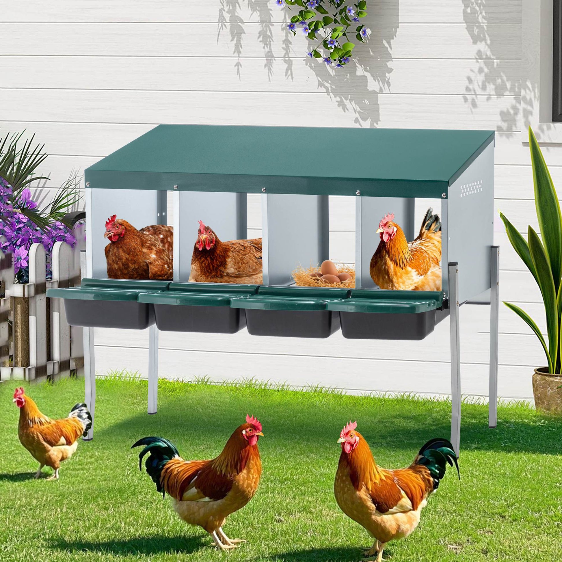 KFX-0058685 4-Hole Chicken Nesting Box with Legs and Cover for Egg Protection