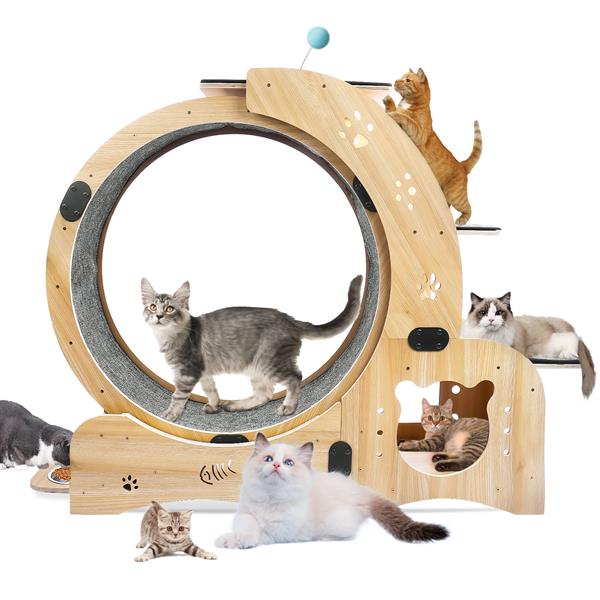 KFX-0066237 Indoor Cat Exercise Wheel - 6-in-1 Sports Device for Active Cats, Heavy-Duty Wood Design, Smooth Silent Operation, Safe for Pets