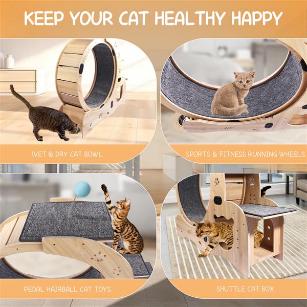 KFX-0066237 Indoor Cat Exercise Wheel - 6-in-1 Sports Device for Active Cats, Heavy-Duty Wood Design, Smooth Silent Operation, Safe for Pets