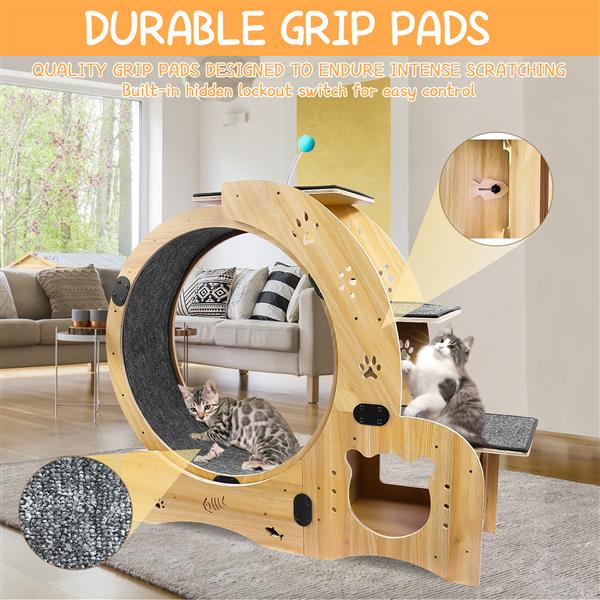 KFX-0066237 Indoor Cat Exercise Wheel - 6-in-1 Sports Device for Active Cats, Heavy-Duty Wood Design, Smooth Silent Operation, Safe for Pets
