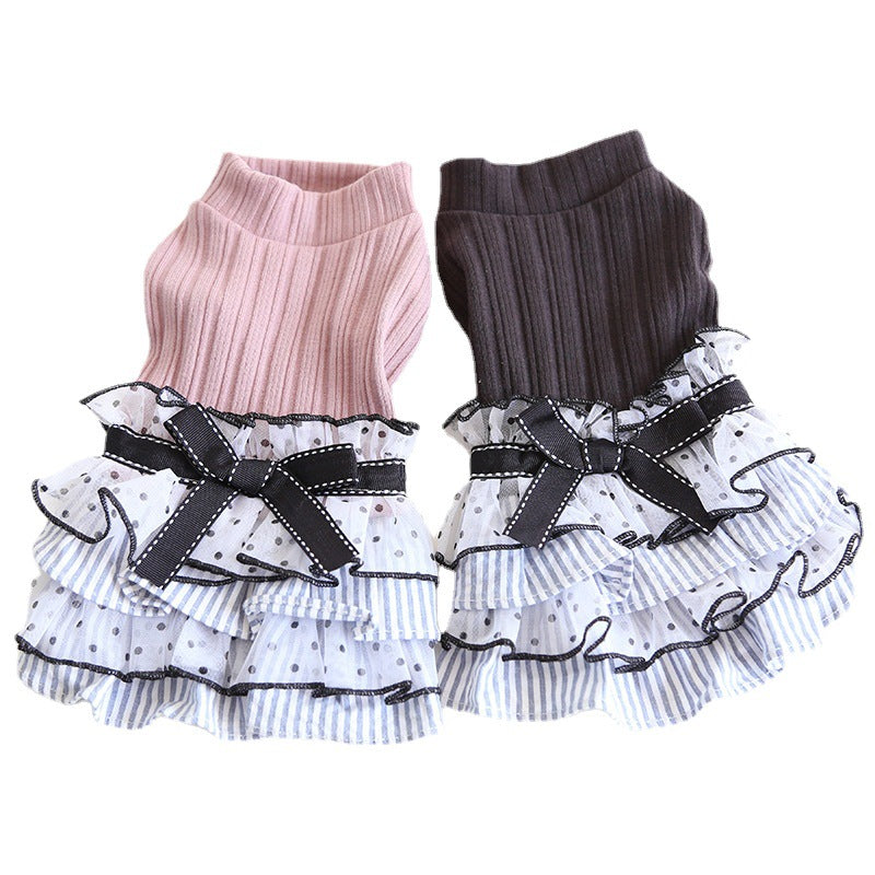 KFX-0071101 Polka Dot Lace Princess Dress for Pets in Taro Purple, Charcoal Black, and Iced Coffee