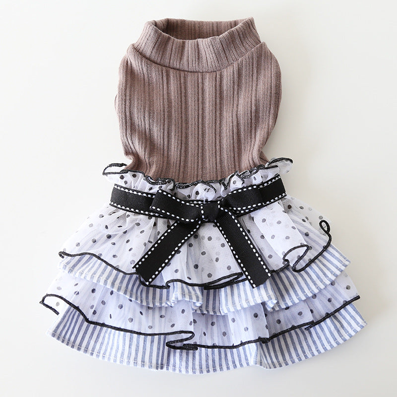 KFX-0071101 Polka Dot Lace Princess Dress for Pets in Taro Purple, Charcoal Black, and Iced Coffee