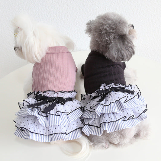 KFX-0071101 Polka Dot Lace Princess Dress for Pets in Taro Purple, Charcoal Black, and Iced Coffee
