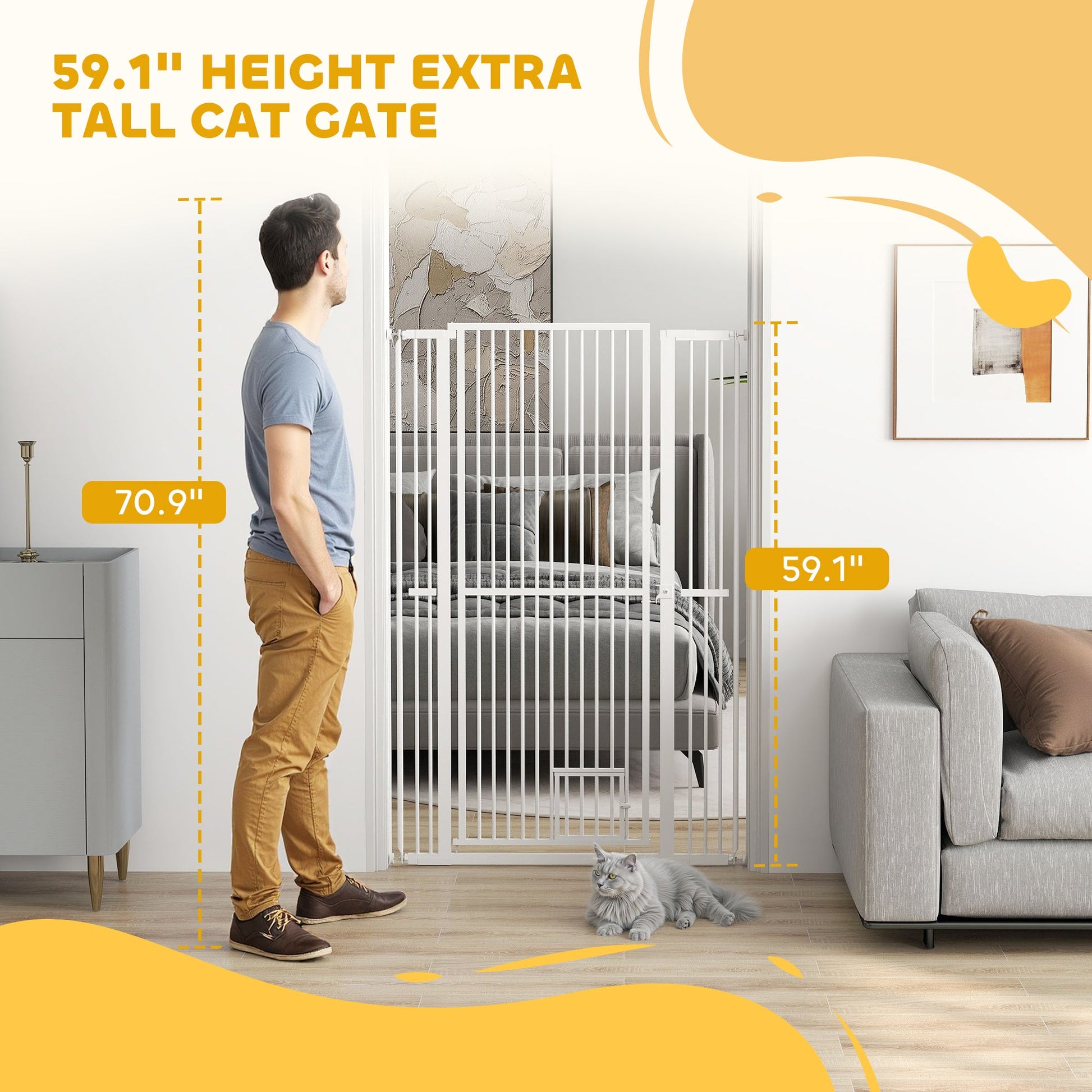 KFX-0071997 59" Extra Tall Pet Gate with Cat Door - Adjustable 30"-41" Fit for Doorways and Hallways