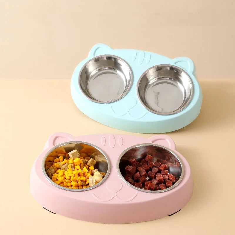 KFX-0073789 Double Pet Feeder Bowl Tray for Cats and Dogs - Plastic Food and Water Dish