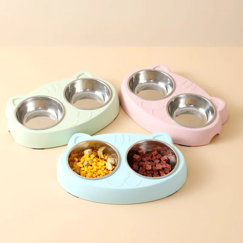 KFX-0073789 Double Pet Feeder Bowl Tray for Cats and Dogs - Plastic Food and Water Dish
