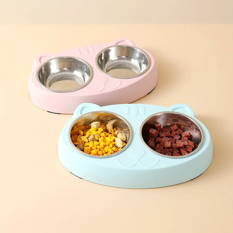 KFX-0073789 Double Pet Feeder Bowl Tray for Cats and Dogs - Plastic Food and Water Dish