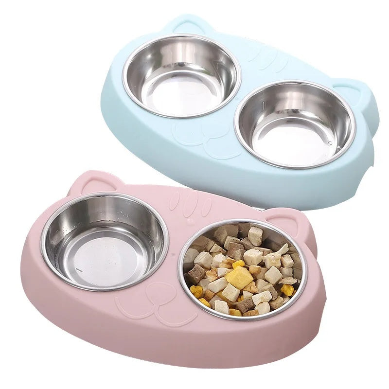 KFX-0073789 Double Pet Feeder Bowl Tray for Cats and Dogs - Plastic Food and Water Dish