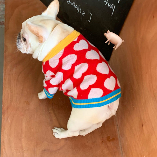 KFX-0074301 Cozy Red Heart Patterned Dog Sweater for Autumn and Winter