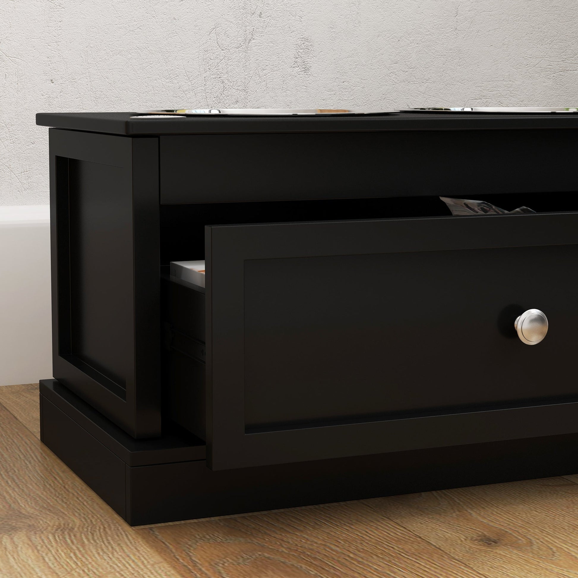 KFX-0082237 Large Elevated Dog Bowls with Storage Drawer for Large Dogs - Stainless Steel Bowls, Easy to Clean, Modern Design
