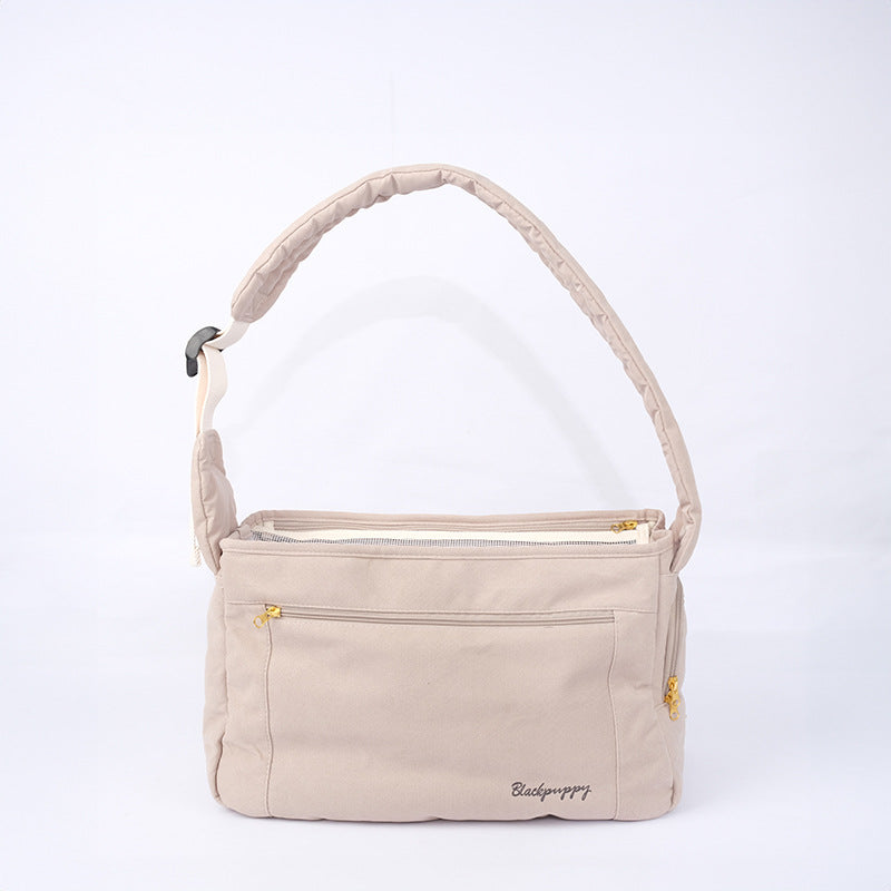 KFX-0084285 Large Capacity Soft Surface Messenger Bag for Pets - Comfortable Black & Beige Backpack