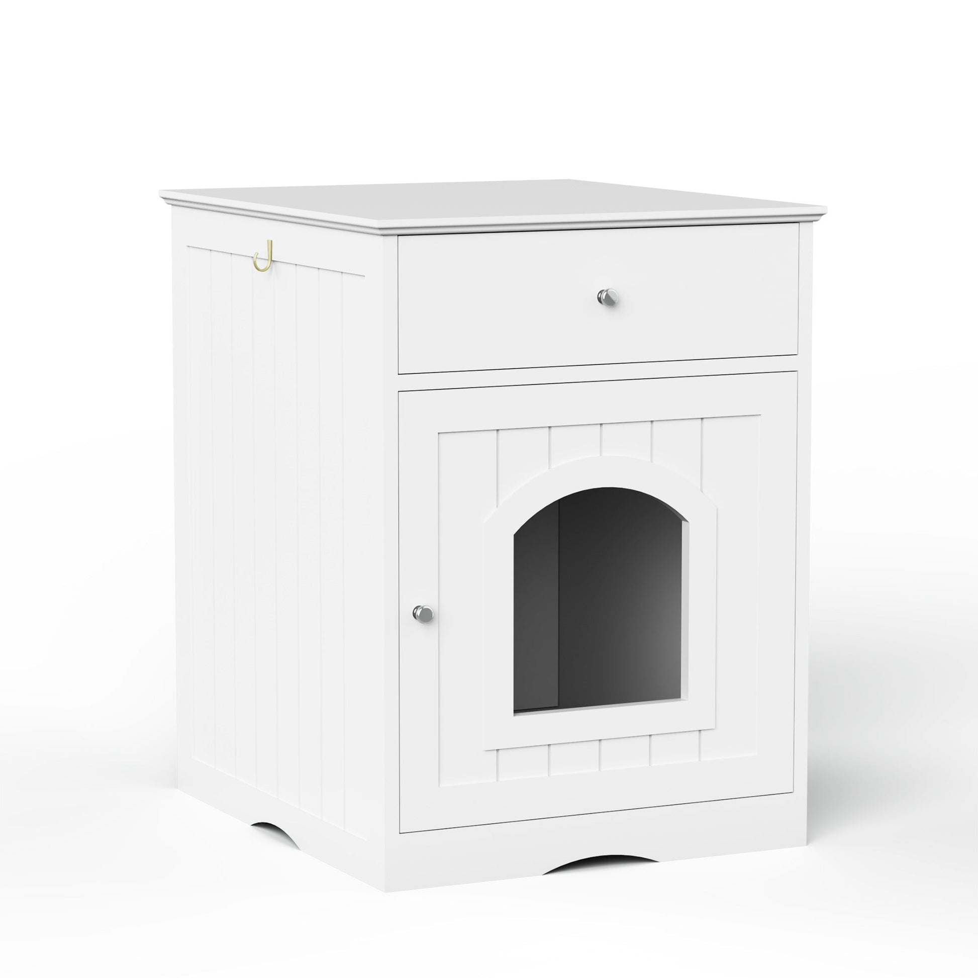 KFX-0085693 Wooden Cat Litter Box House with Drawers and Side Table, Indoor Pet Cage, White finish